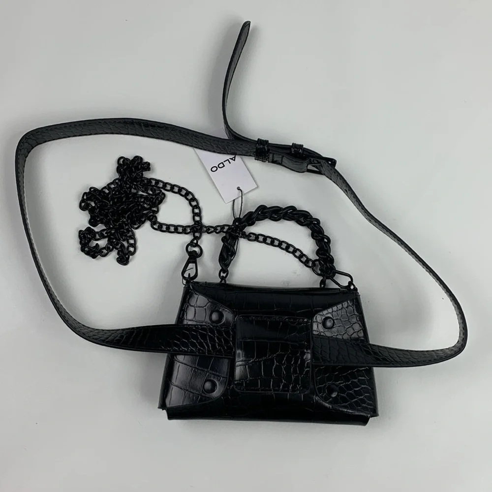 ALDO Black Croc-Embossed Crossbody Belt Waist Bag Chain strap Adjustable NWT NEW